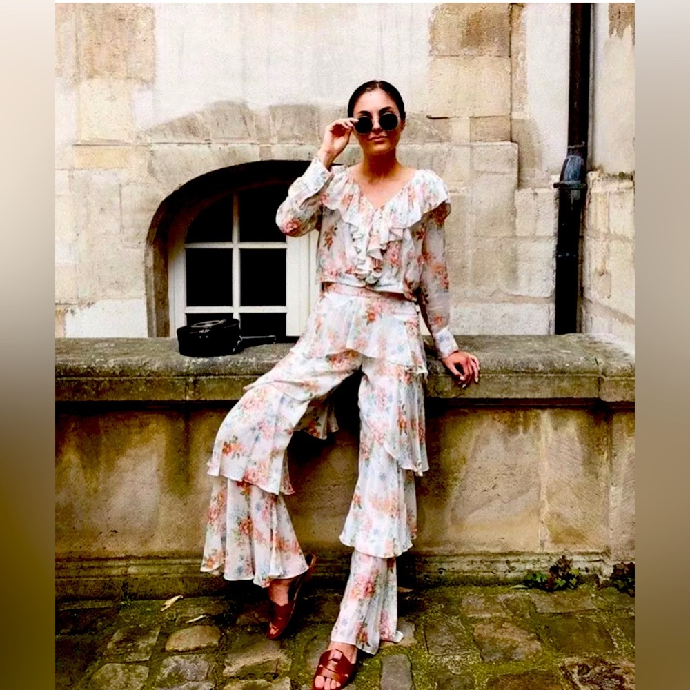 Zara New Woman Floral Trousers With Frills